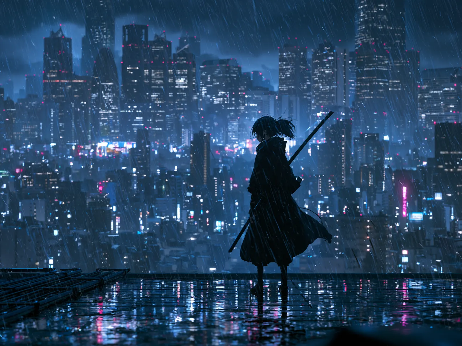 An anime warrior on a rain-lit rooftop