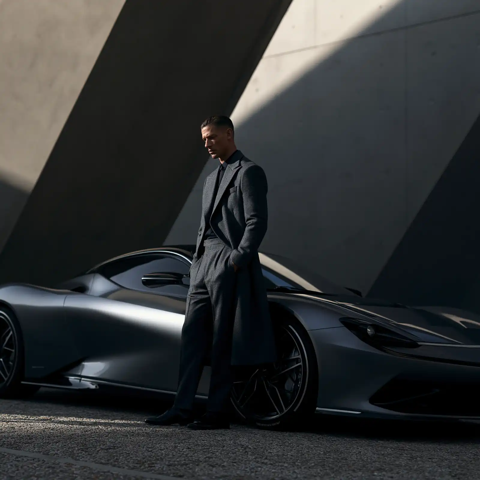 A figure beside a concept supercar