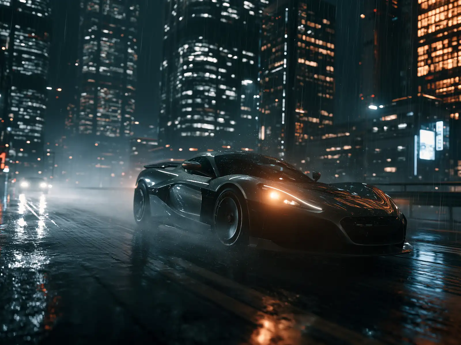 A supercar on a rain-slicked city street