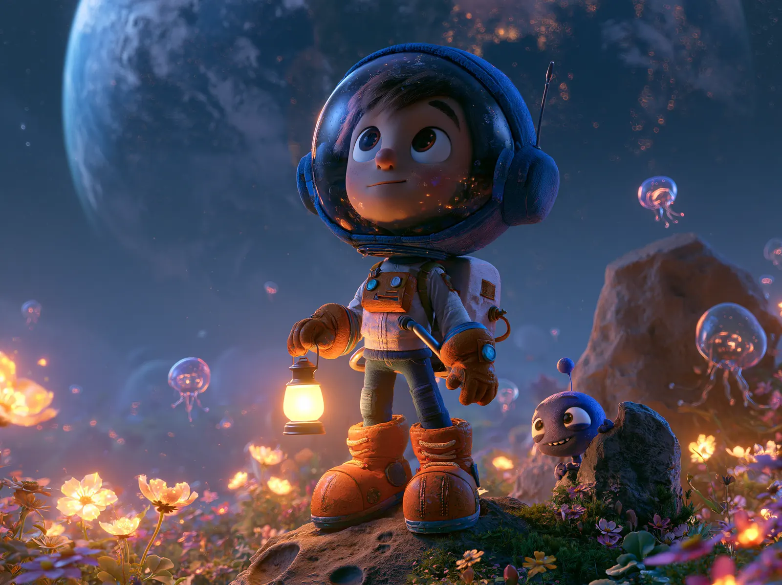 An animated astronaut child on a glowing alien meadow