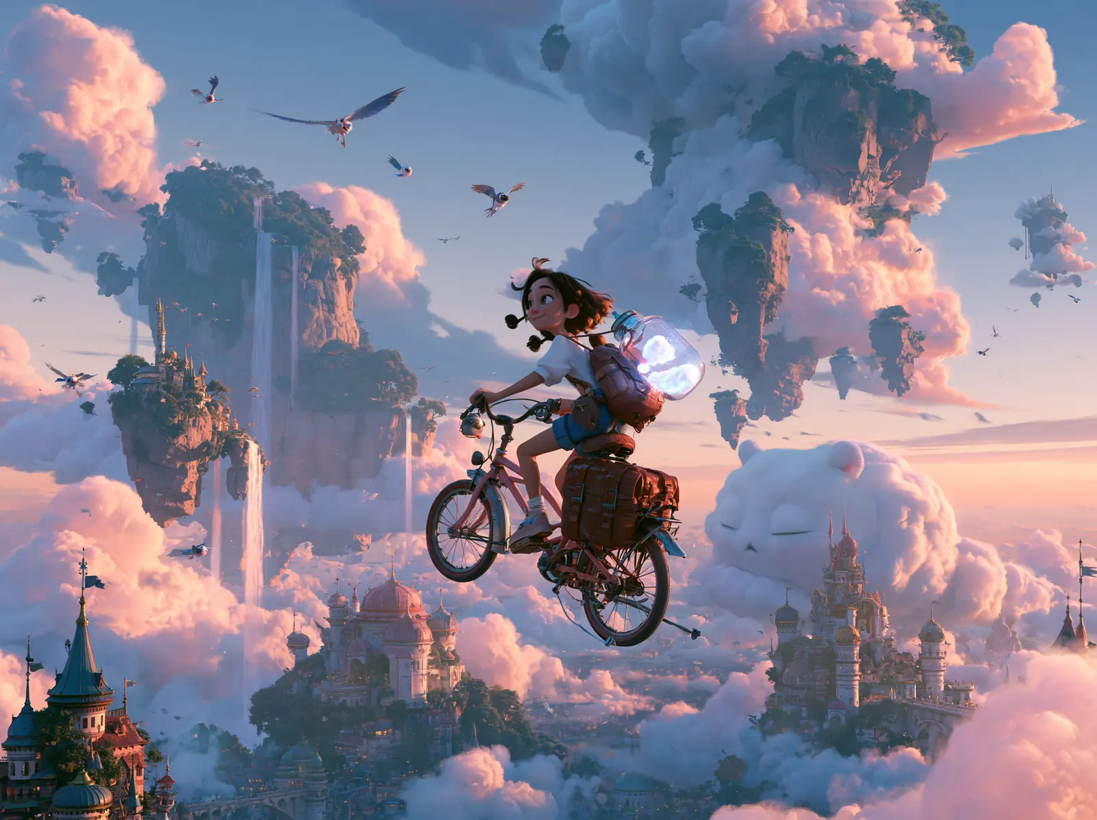 A girl cycling through a city of clouds