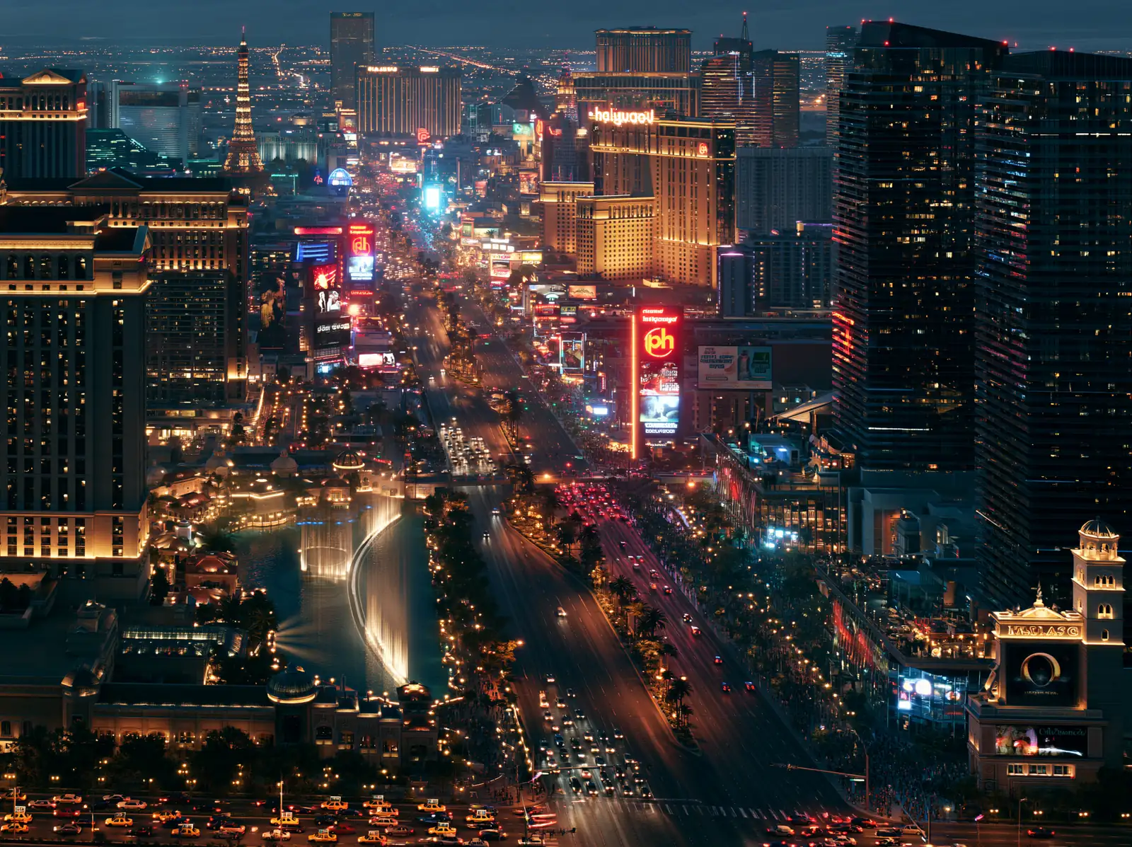 The Las Vegas strip from the air at night