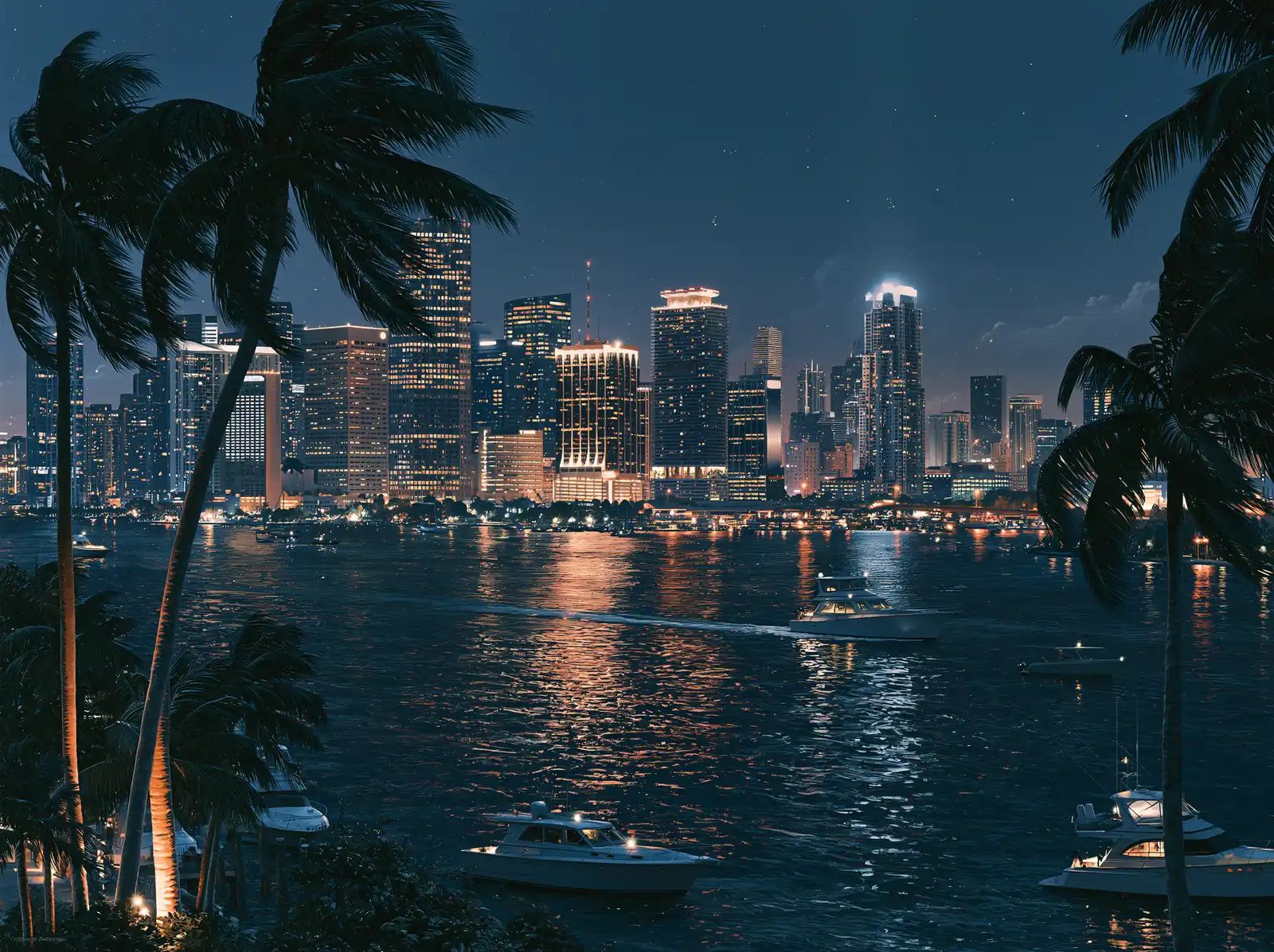 A waterfront skyline at night