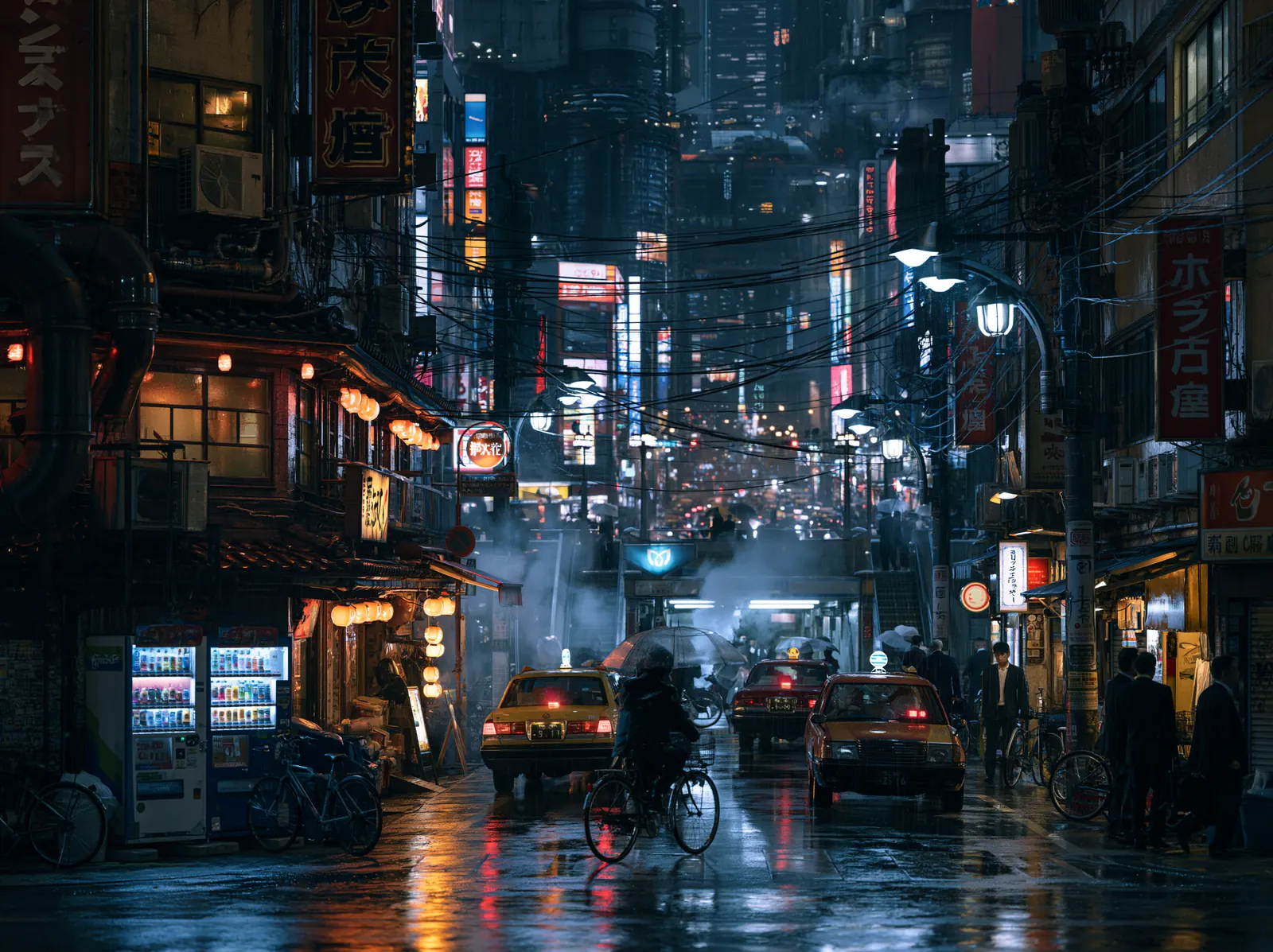 A cyclist in a rain-slicked Tokyo alley