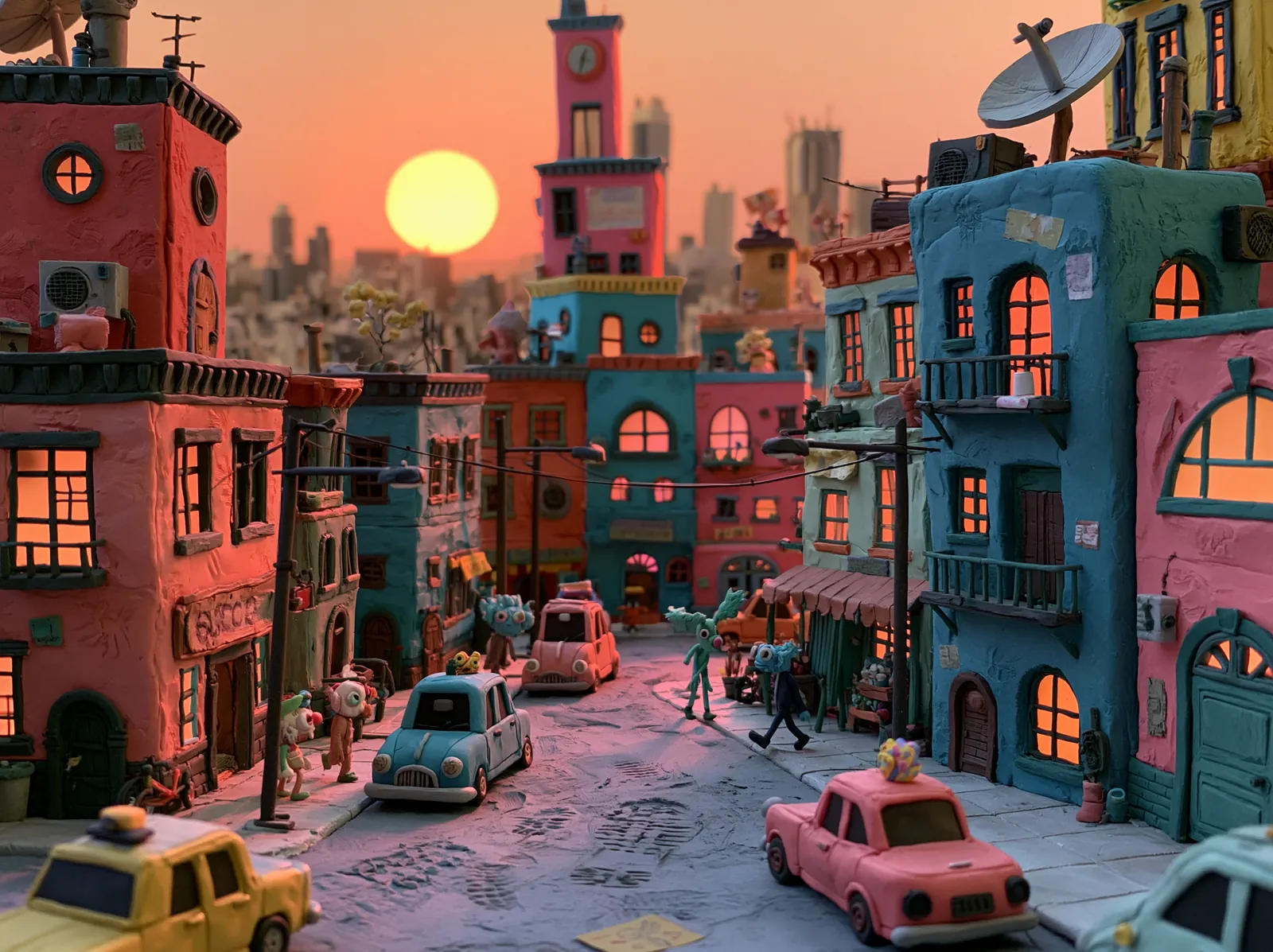 A handcrafted claymation street at dusk