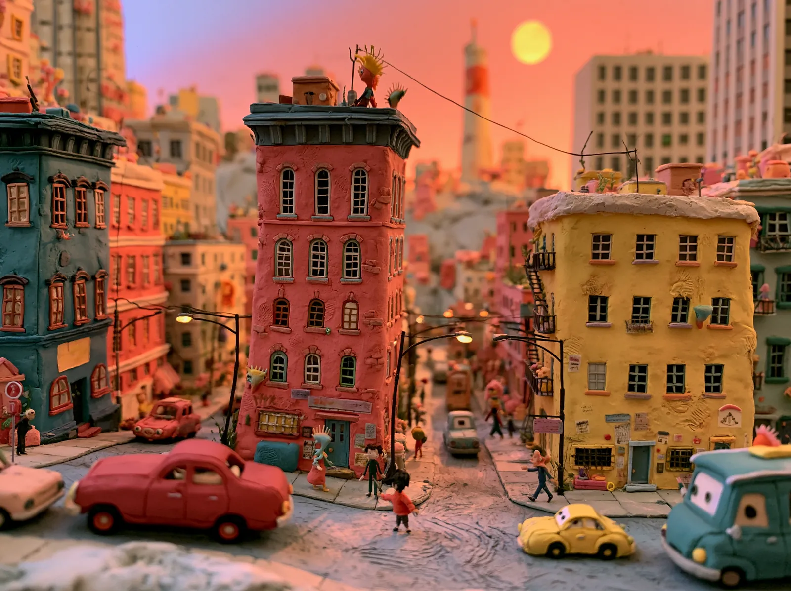 A handcrafted claymation street at sunset