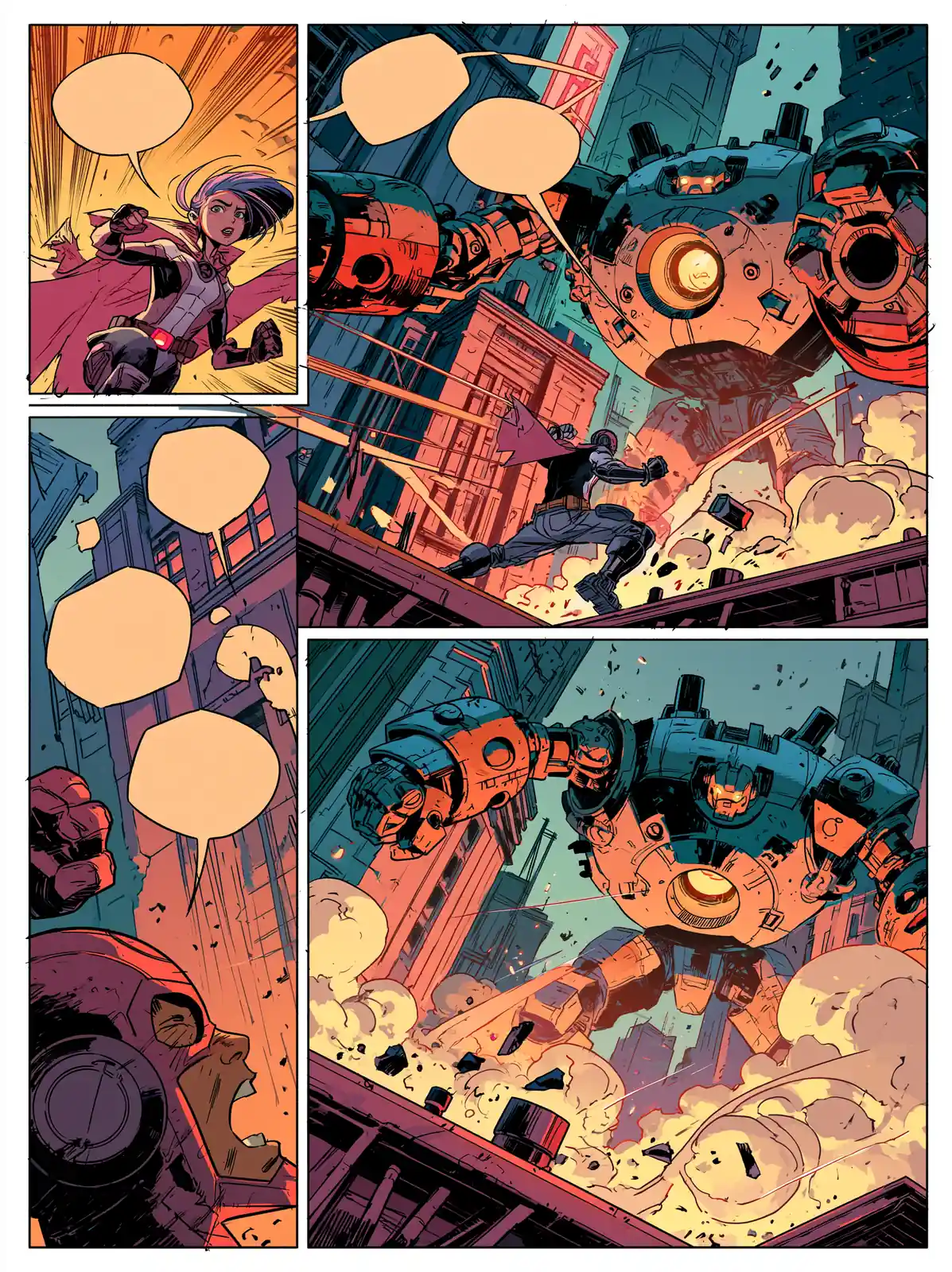 A comic-book page of a superhero fight