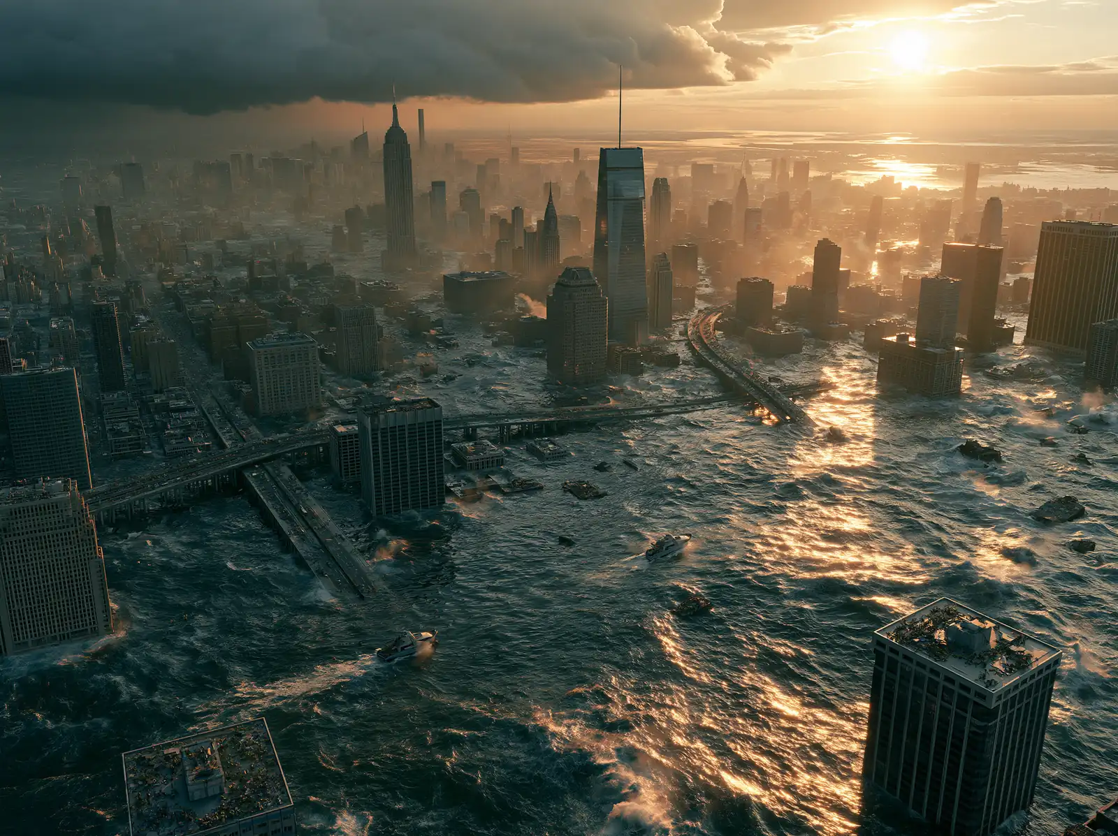 A flooded city at sunset