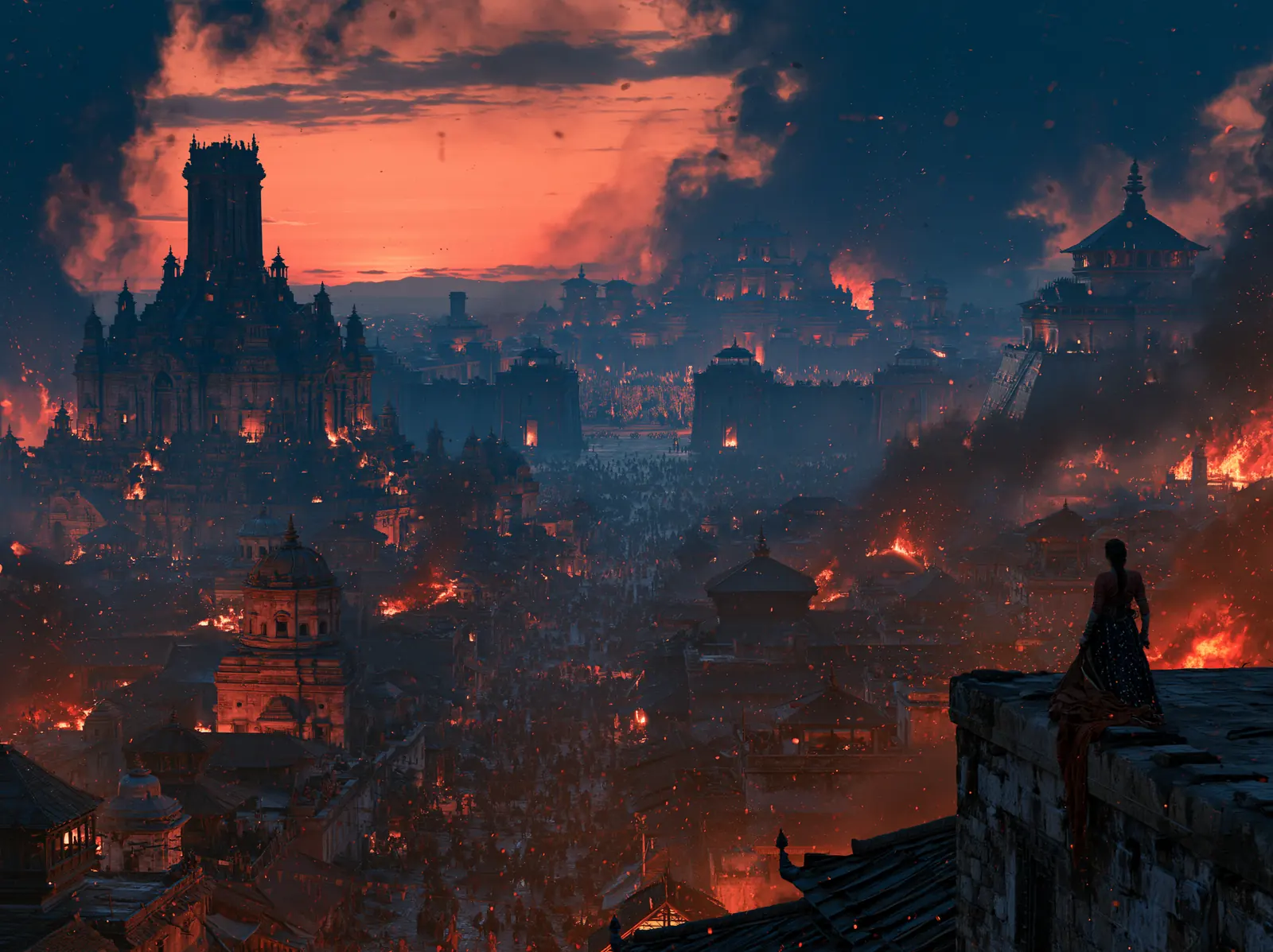 A lone watcher above a burning city