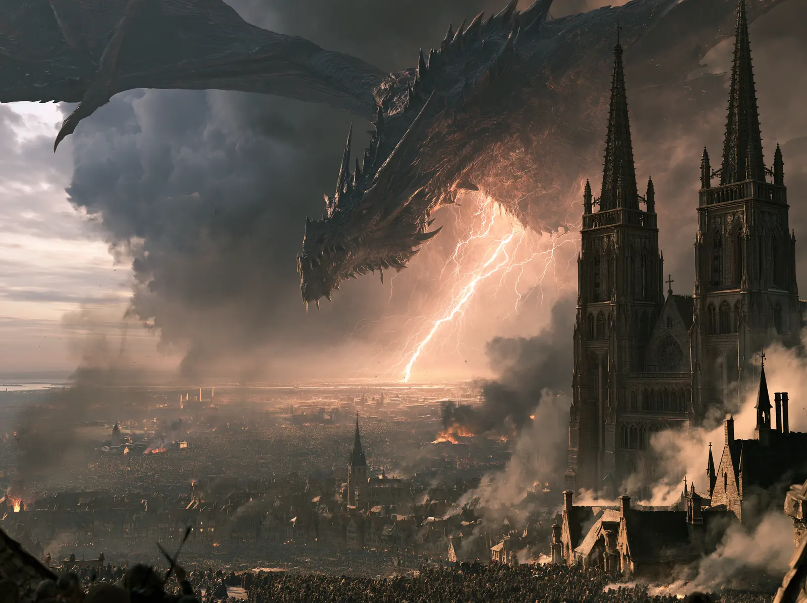 A dragon and lightning over a besieged cathedral city