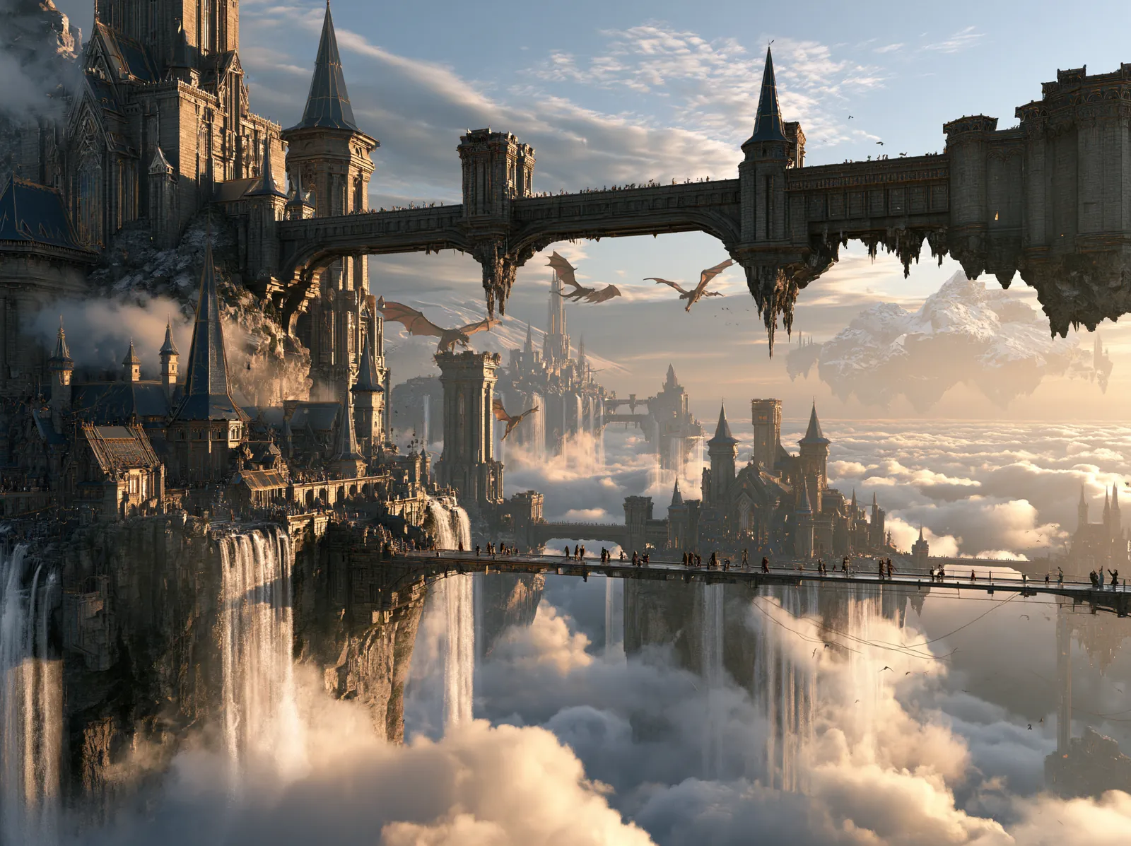 A kingdom in the clouds with falling water