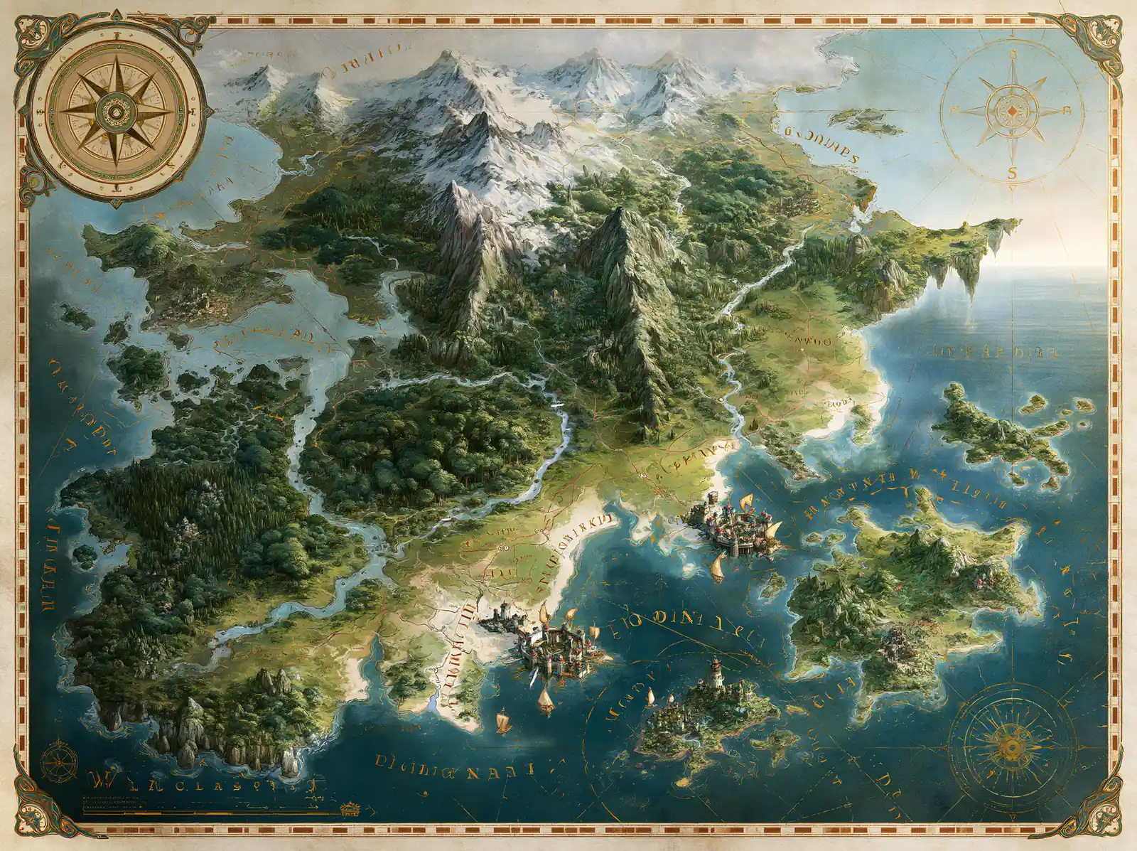 A hand-drawn fantasy world map of seven kingdoms