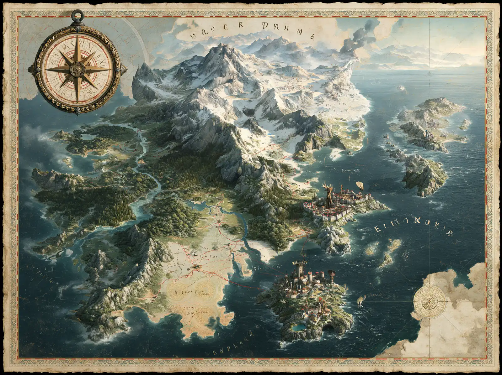 A hand-drawn world map of mountain peaks