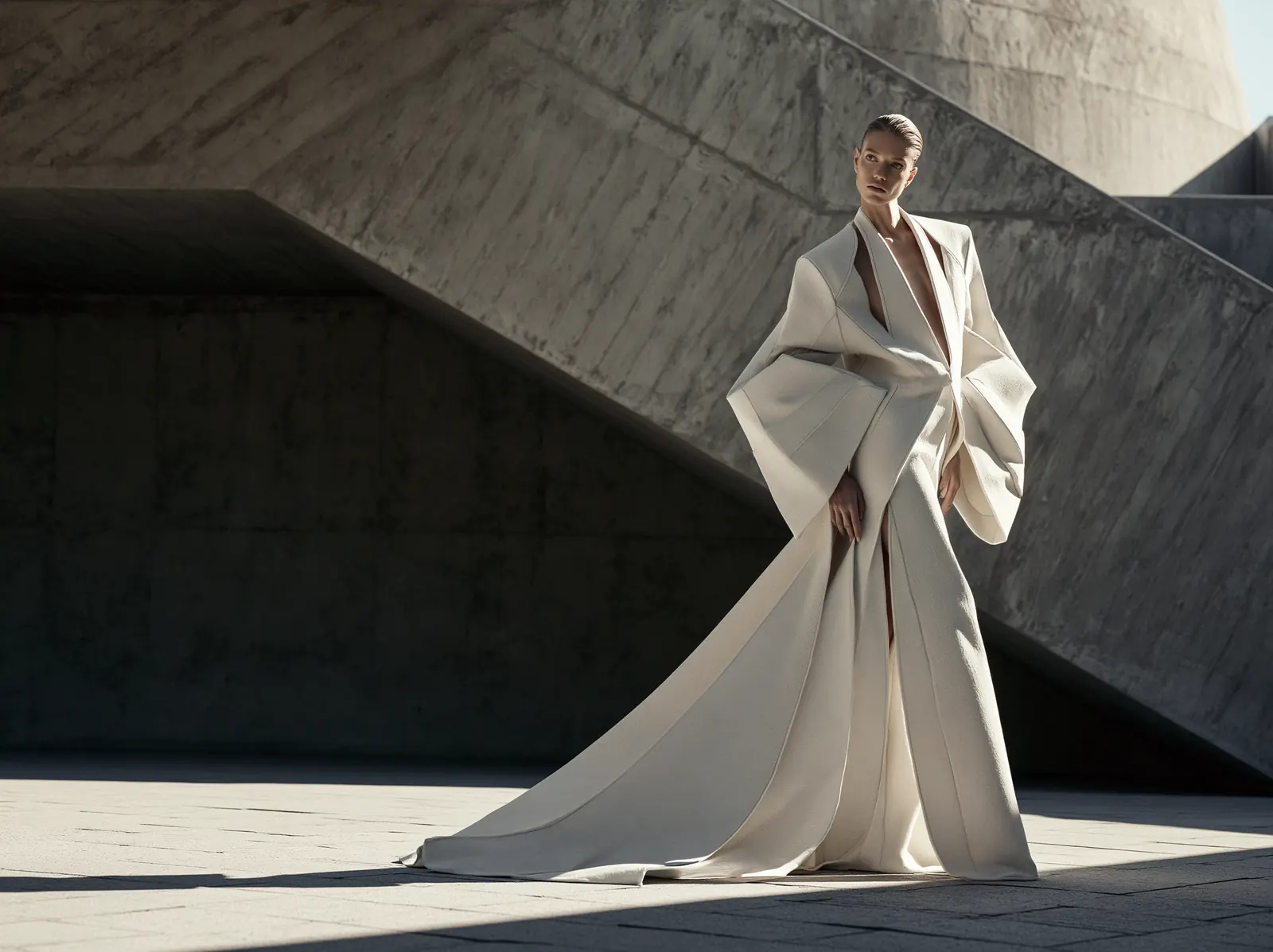 A model walking in a white couture coat against concrete