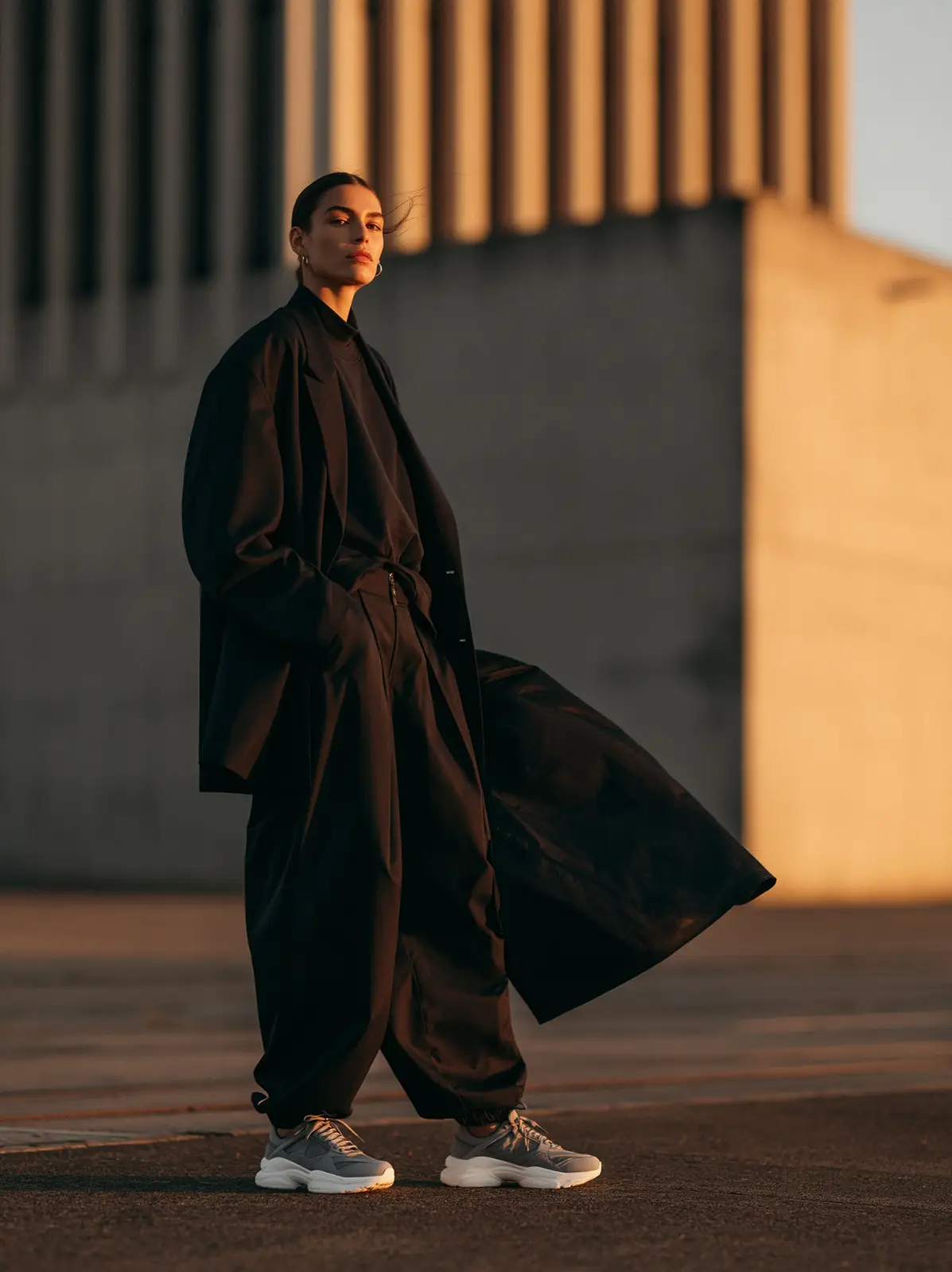 An editorial fashion shot against concrete