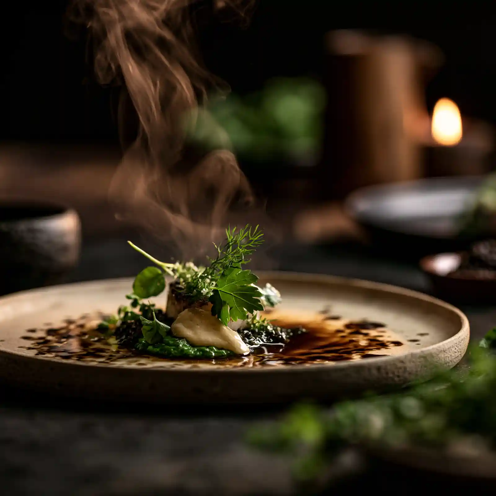 A close-up of plated food and herbs
