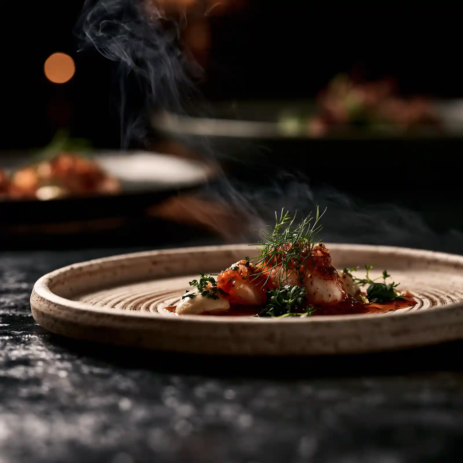A plated fine-dining dish under low light