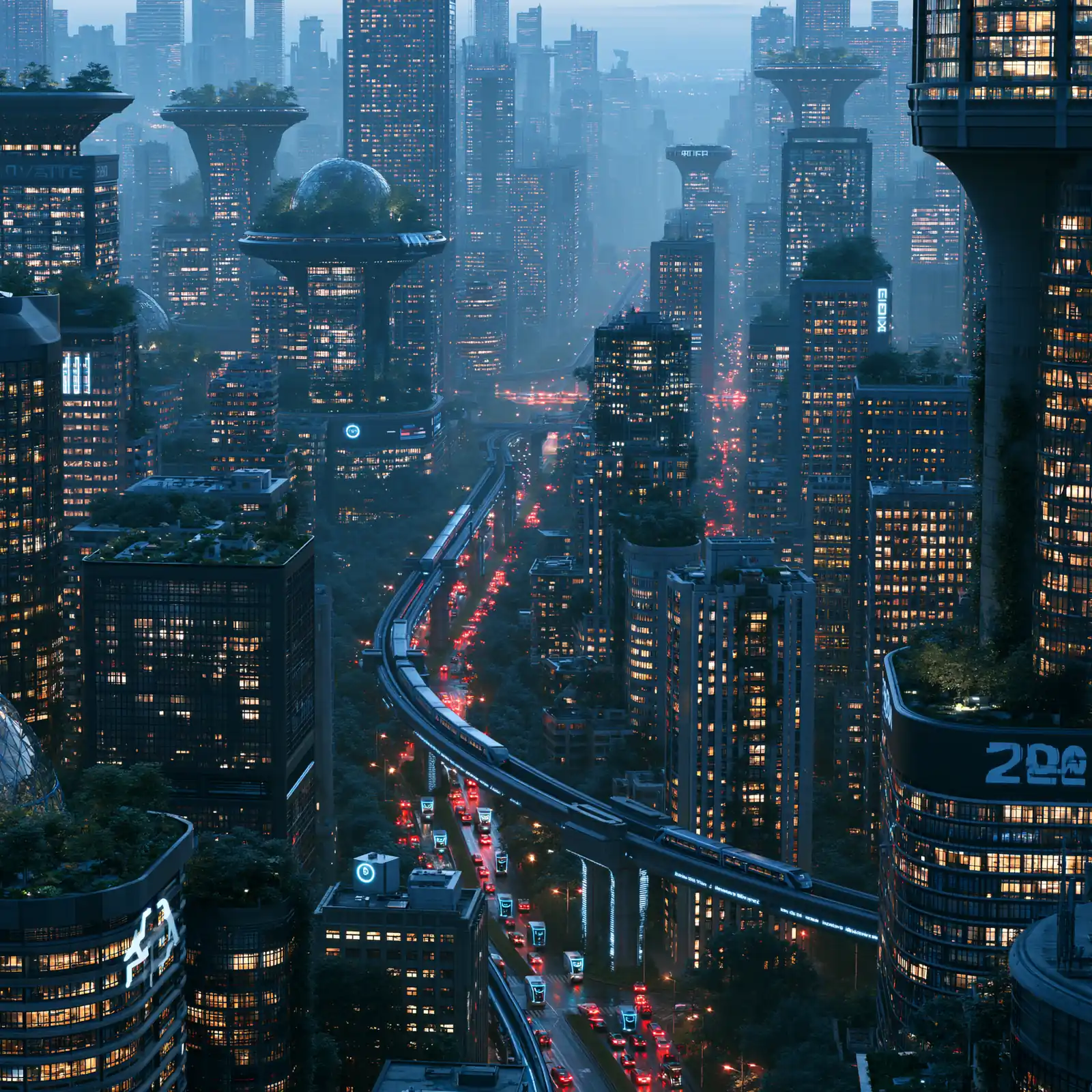 A dense futuristic megacity from above