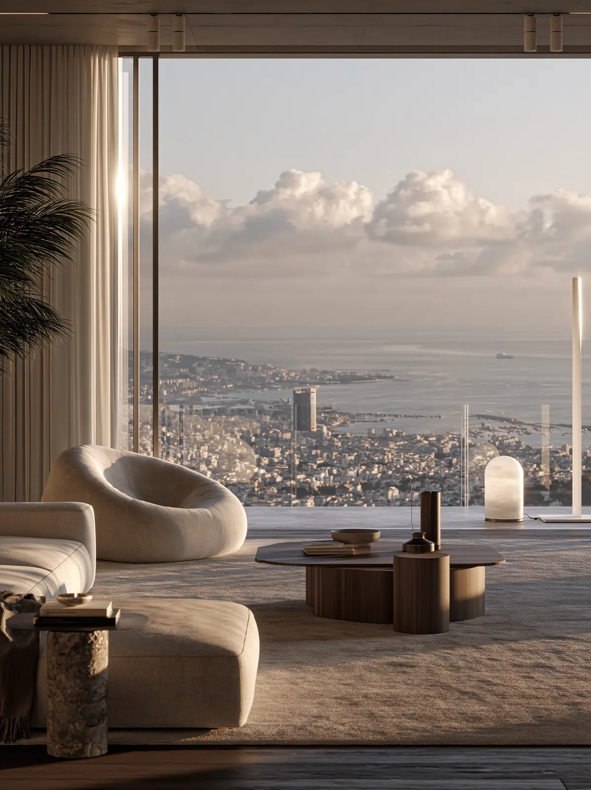 A penthouse interior with an ocean view