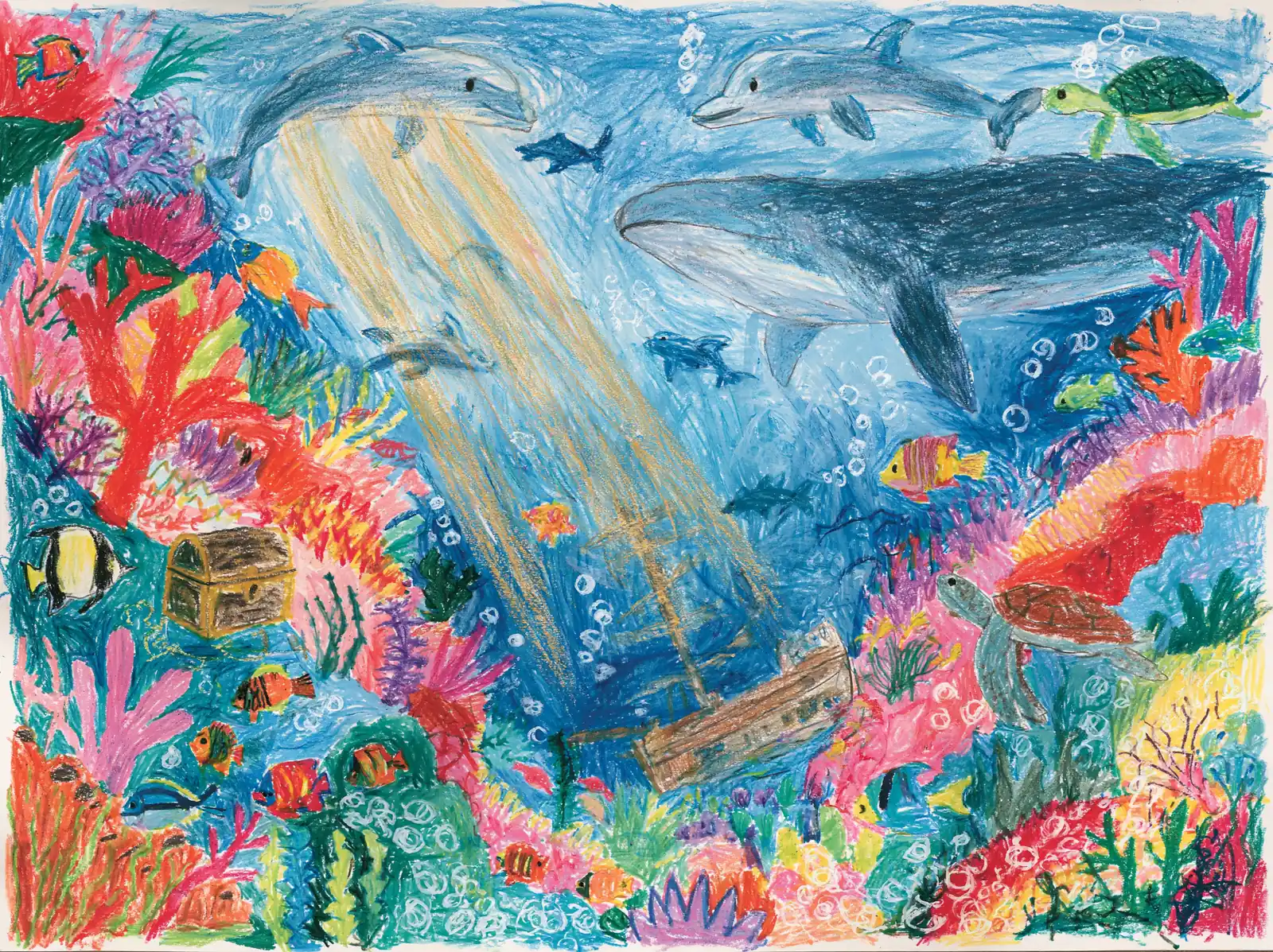 A child’s crayon drawing of a coral reef
