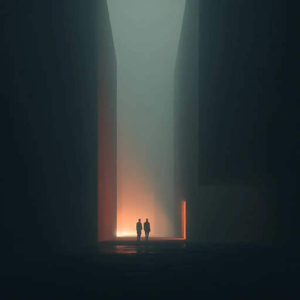 A minimal illustration of two figures in a glowing doorway