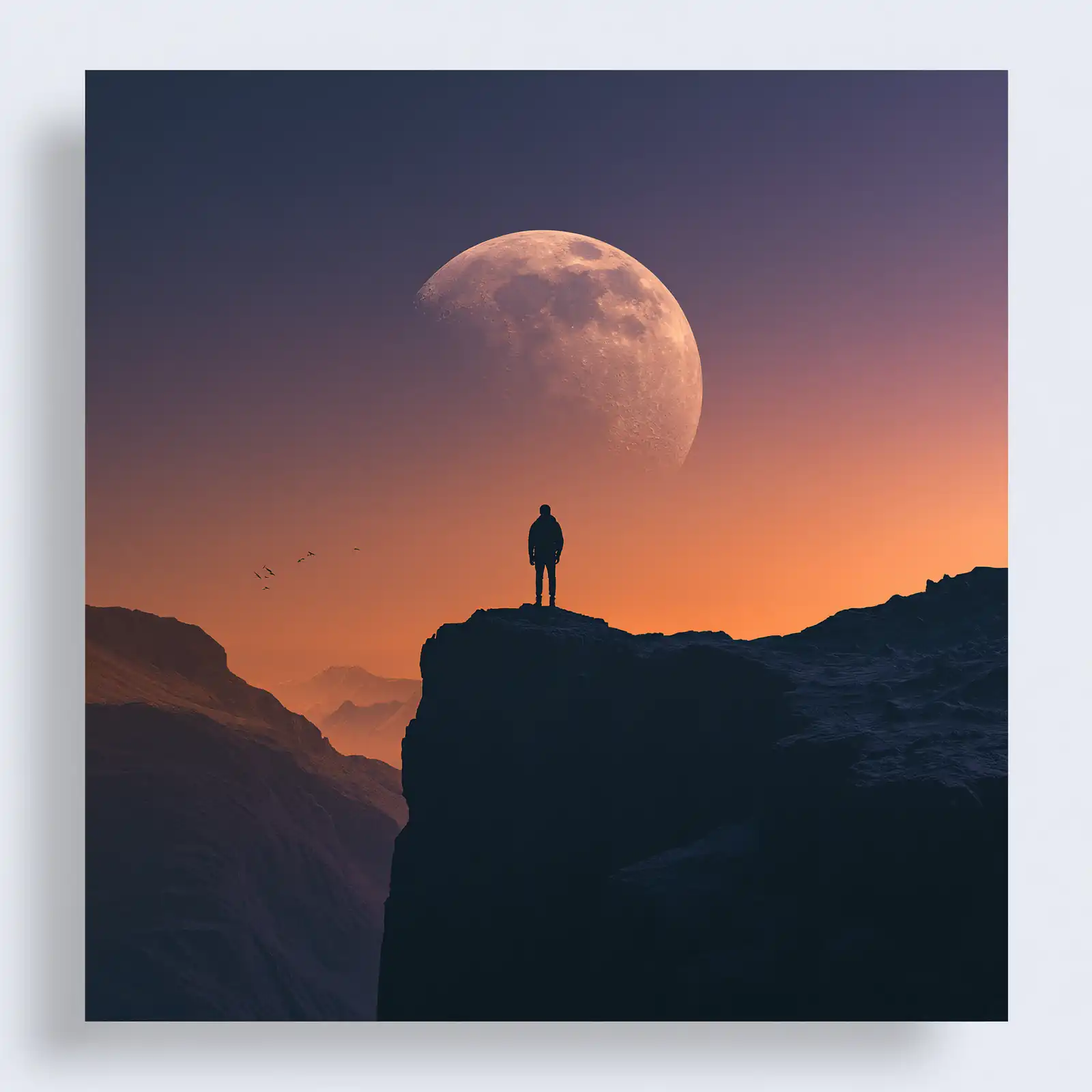 A lone figure silhouetted against a rising moon
