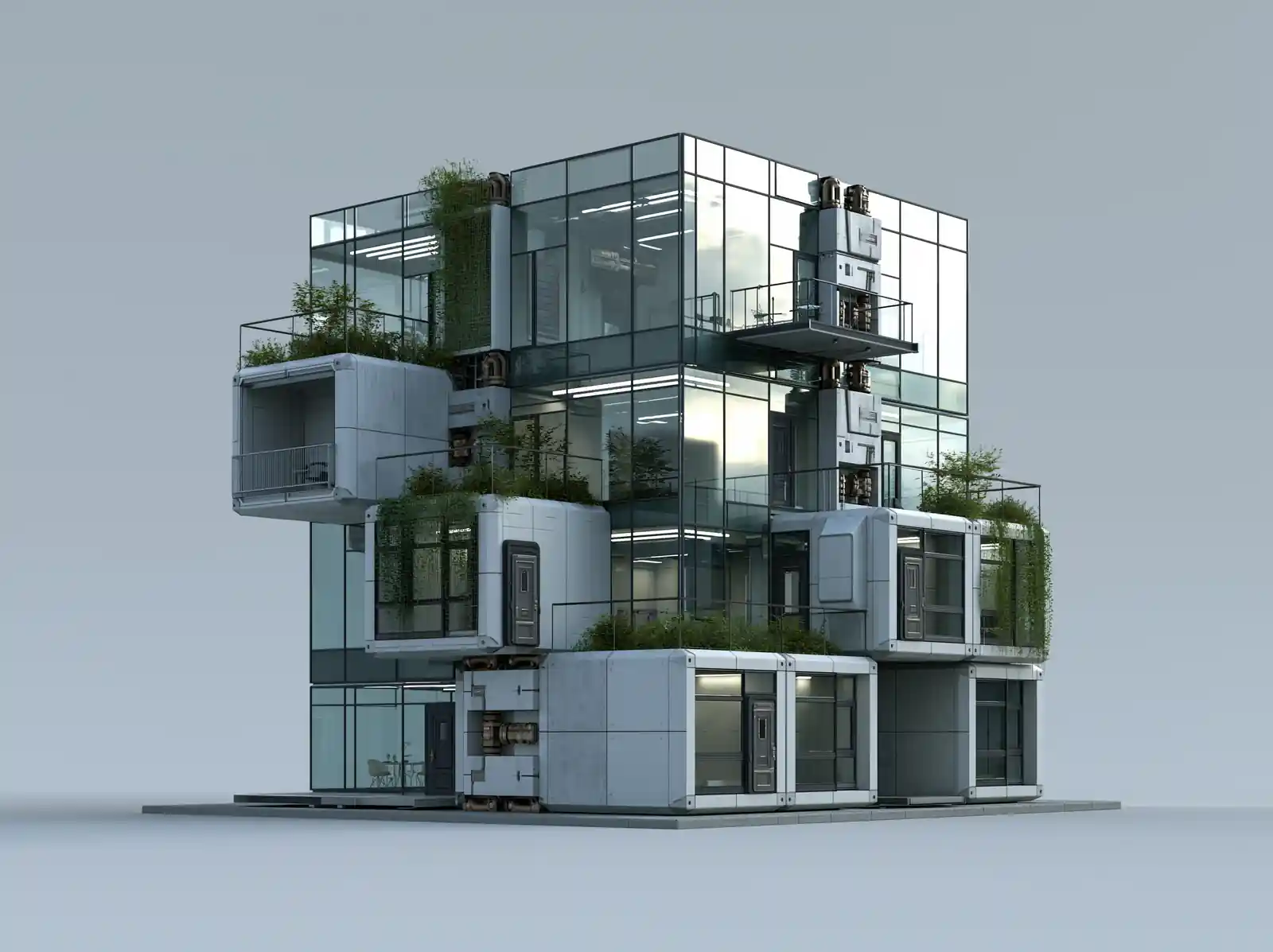 A modular green building, rendered as a 3D model