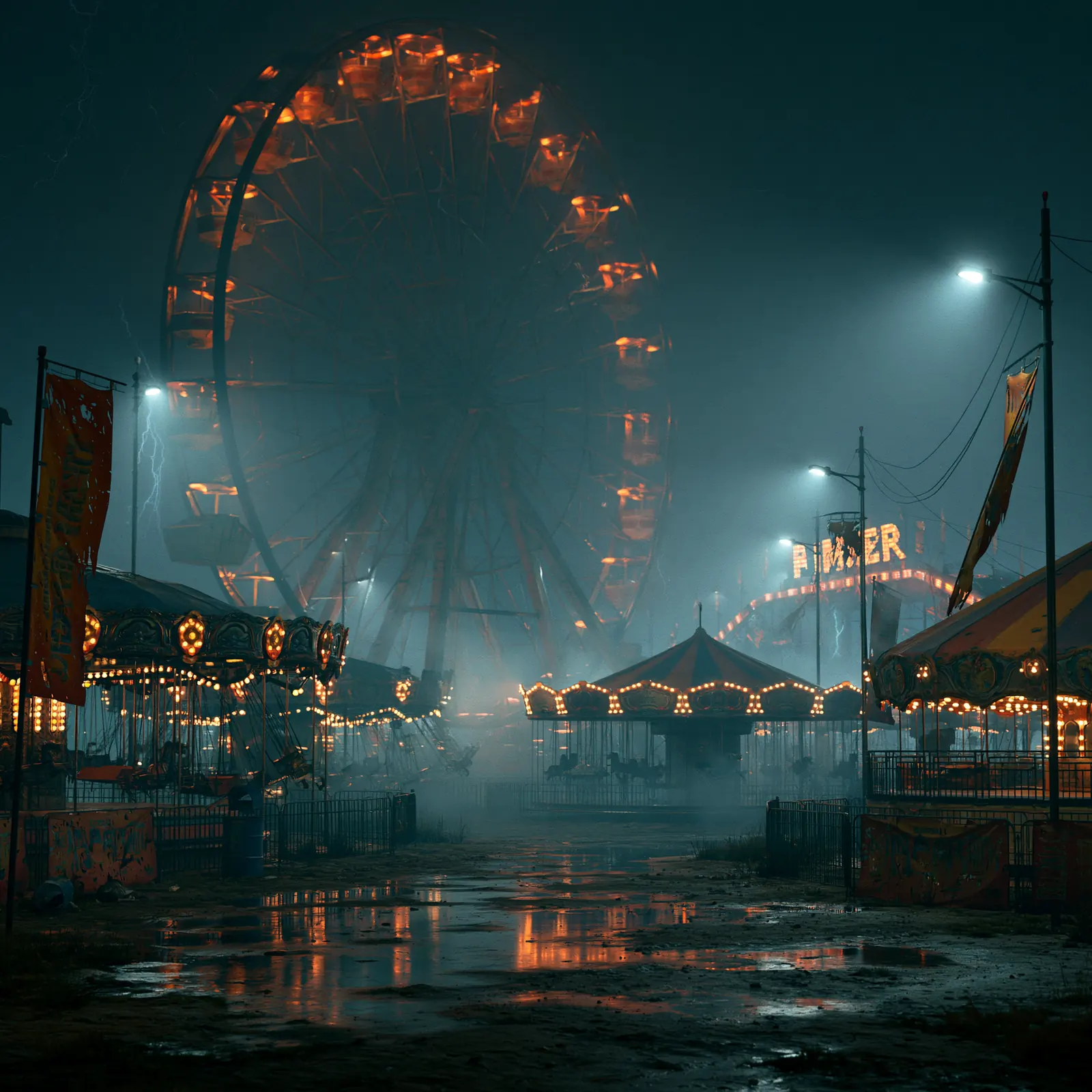 An abandoned carnival in fog