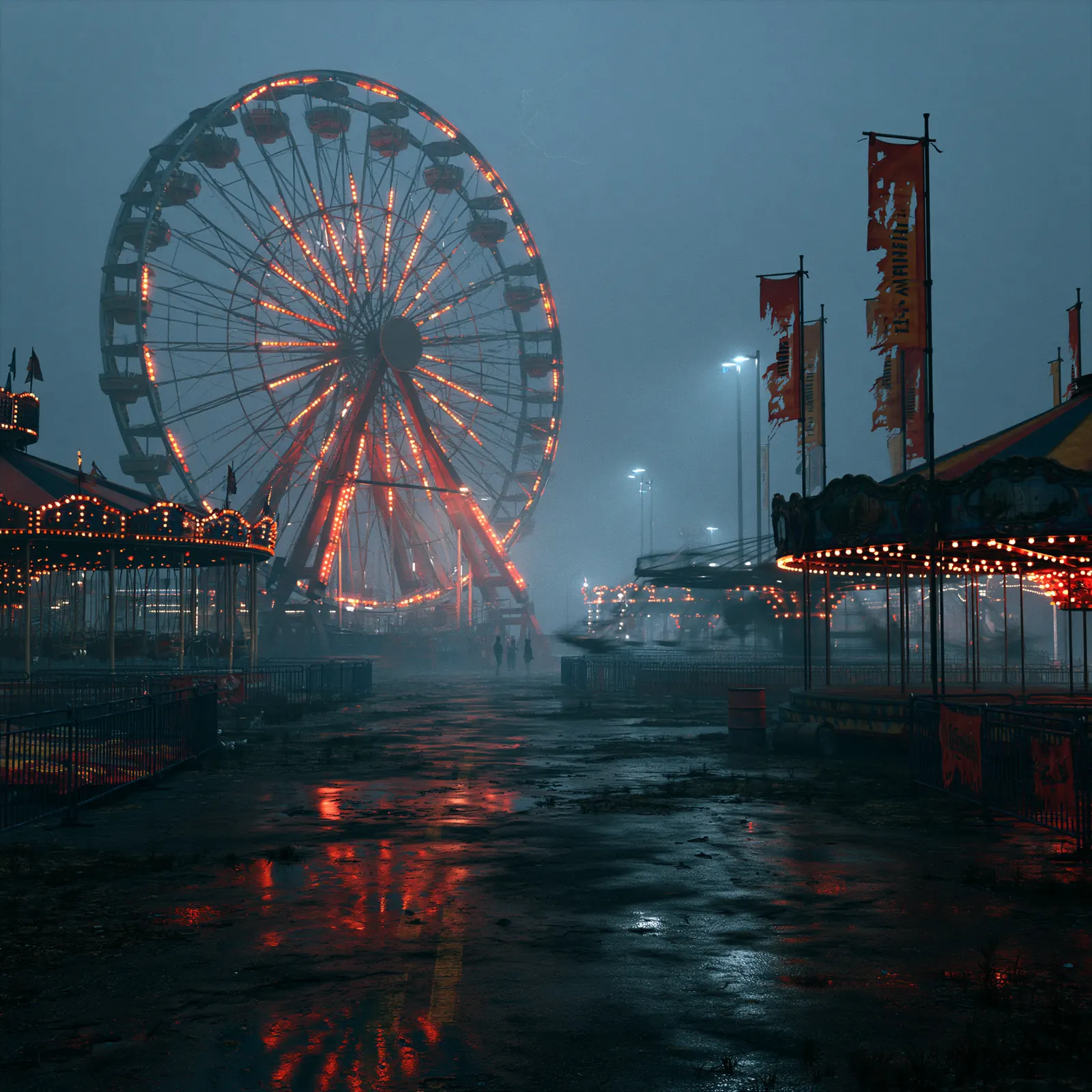A fairground ferris wheel in the rain