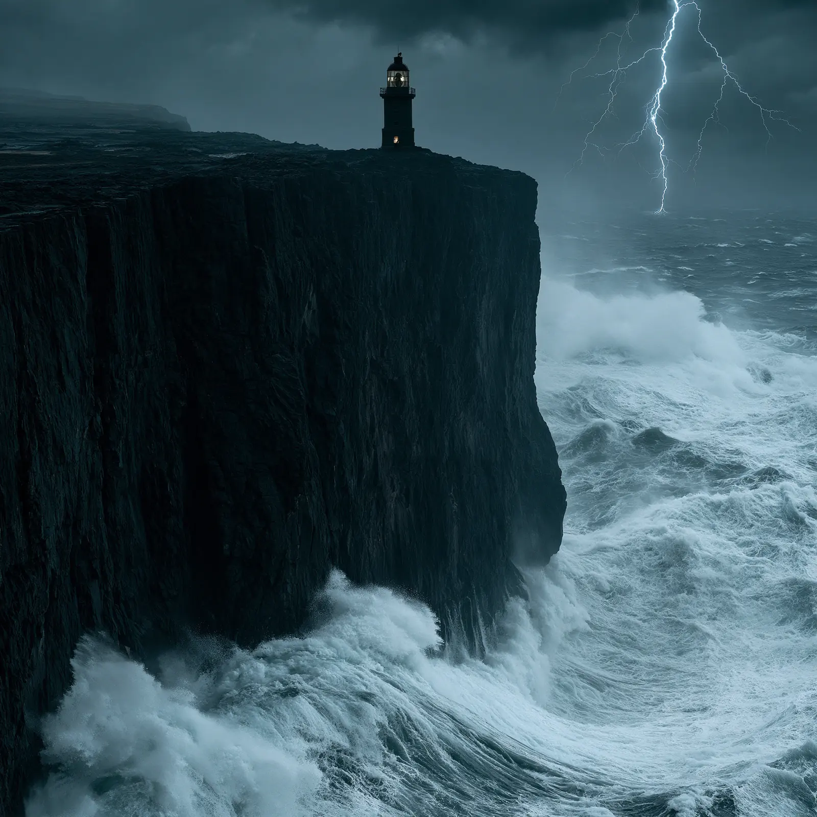 A lighthouse on a cliff in a storm