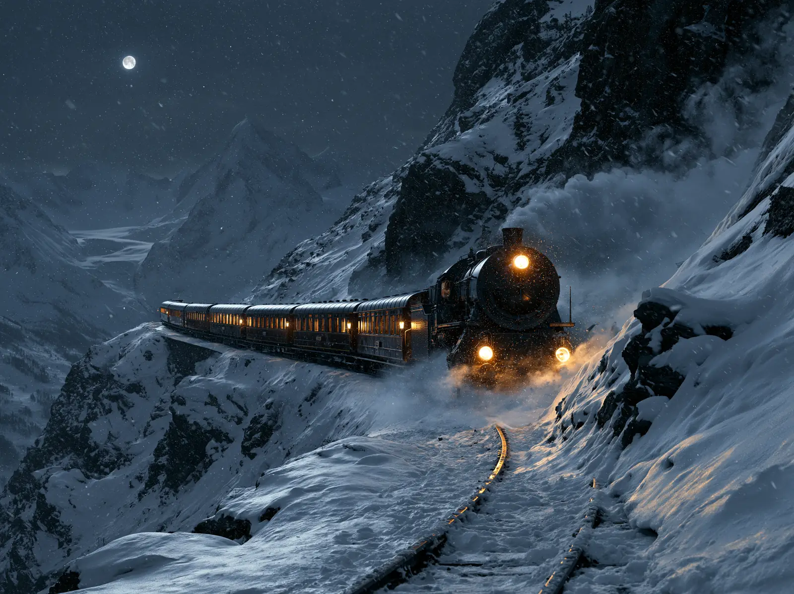 A steam train crossing a snowy pass
