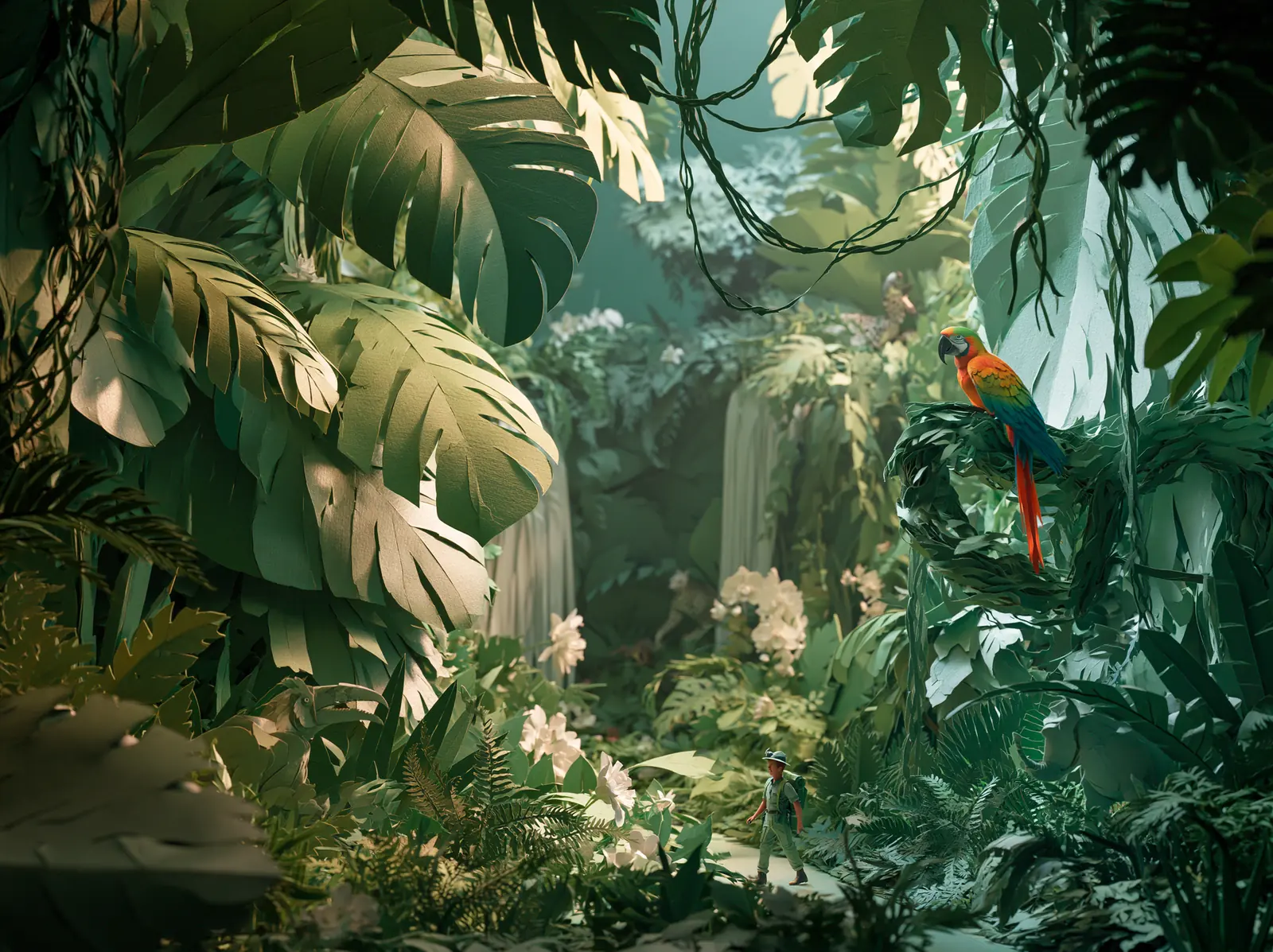A paper-cut jungle scene with a parrot