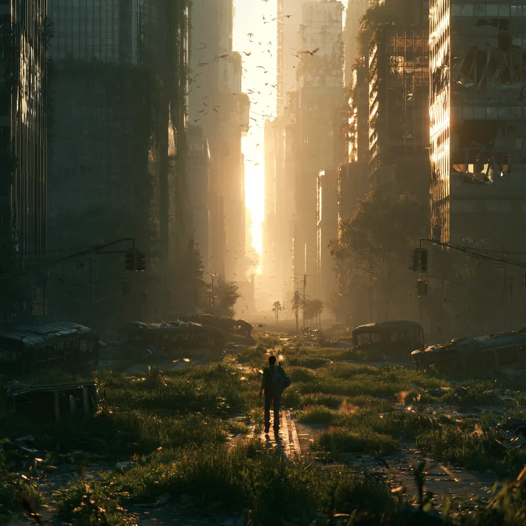 A figure alone in an overgrown city