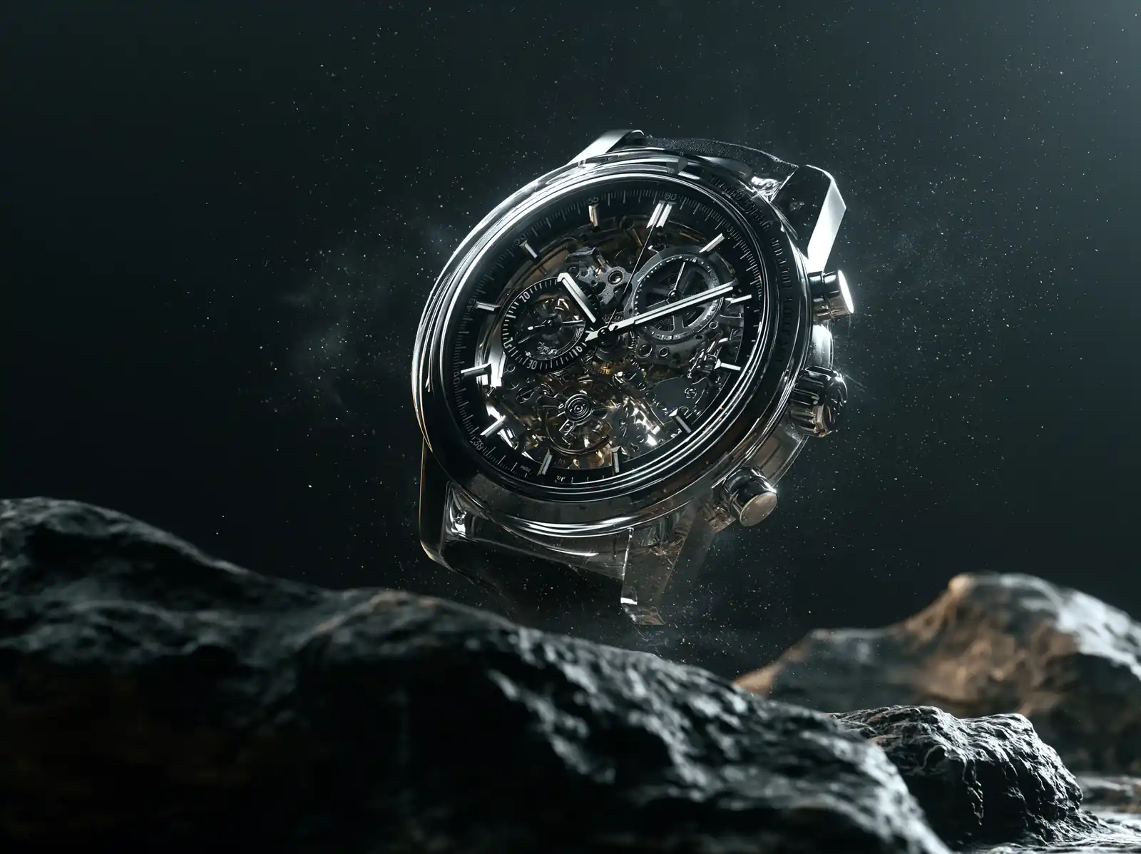 A skeleton watch on volcanic rock