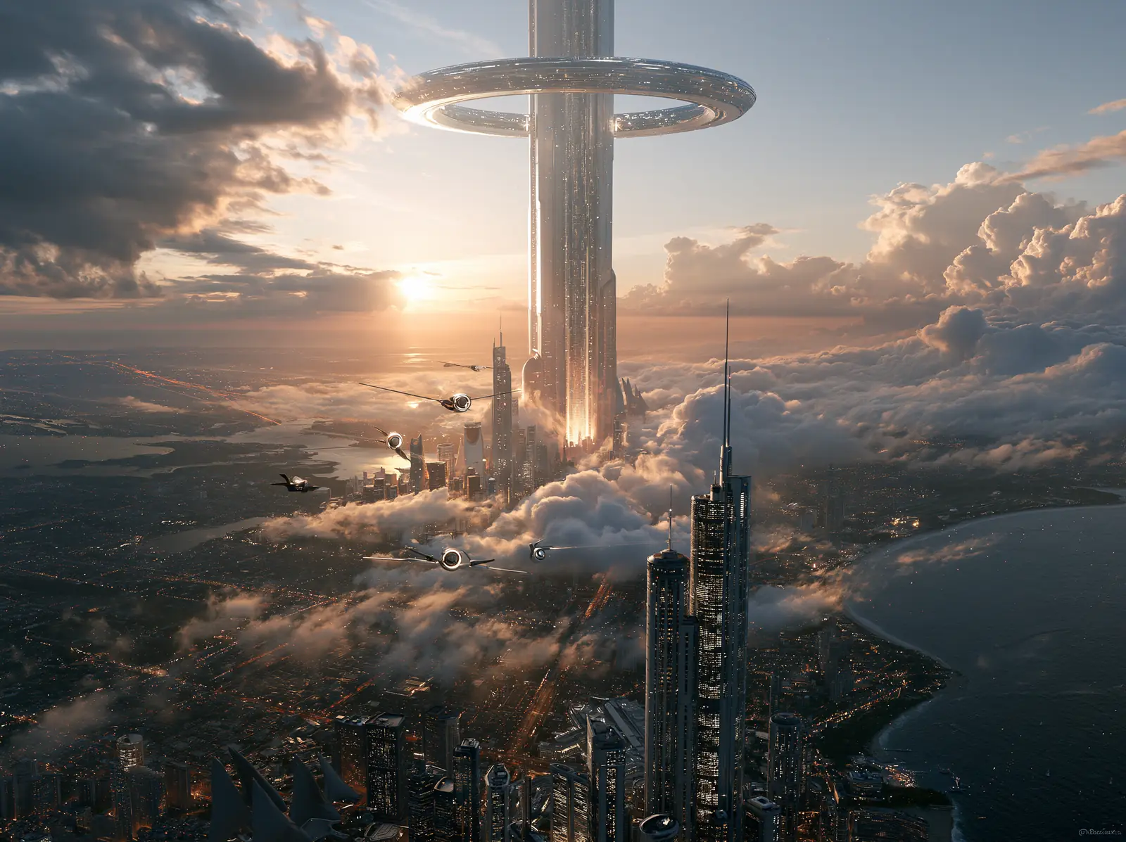 An orbital ring above a city