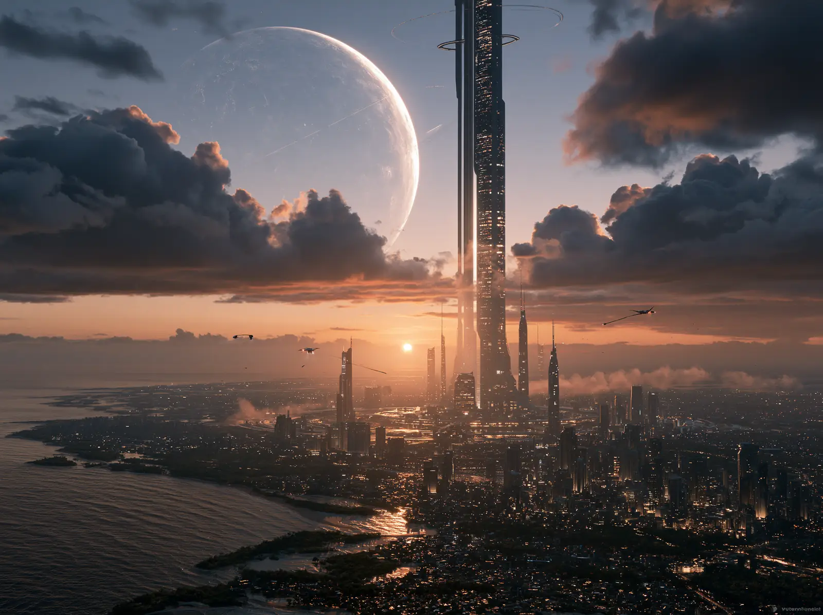 A spire city under a rising moon