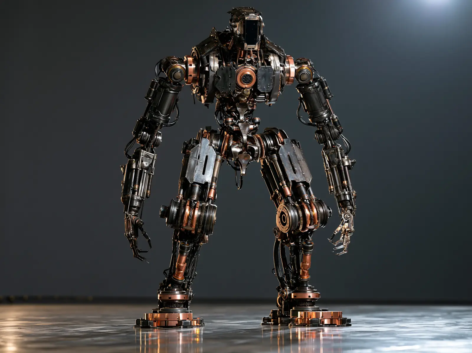 A metal sculpture of a mechanical figure