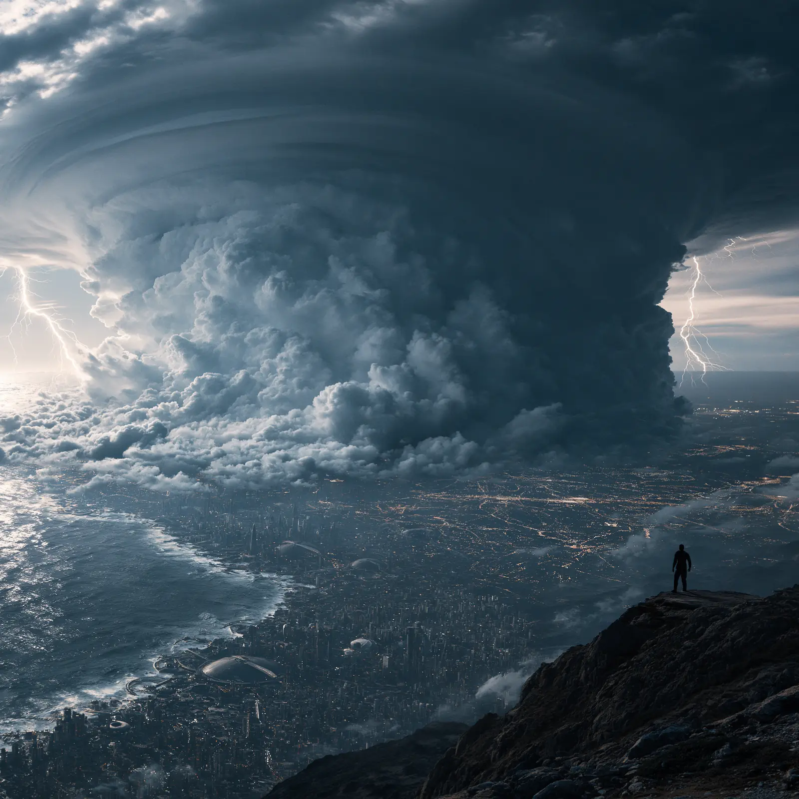 A supercell storm building over a city