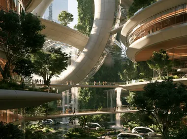 A garden city of curved walkways and terraces