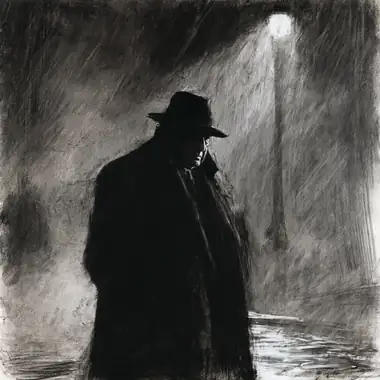 A charcoal drawing of a detective in the rain