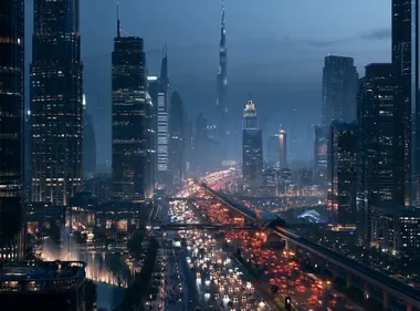 A megacity skyline over a river of night traffic