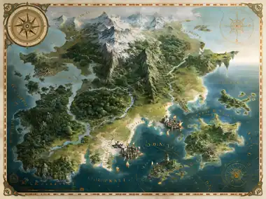 A hand-drawn fantasy world map