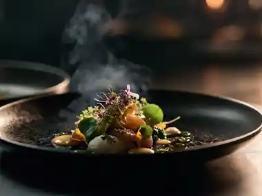 A tasting-menu course in a dark bowl