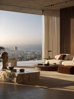 A penthouse interior over a city at sunset