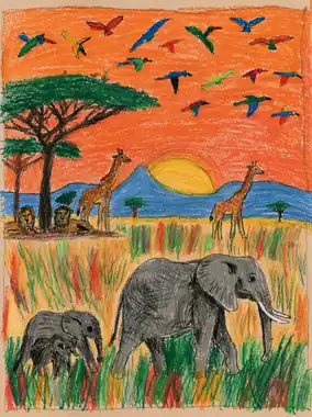 A crayon drawing of a savanna