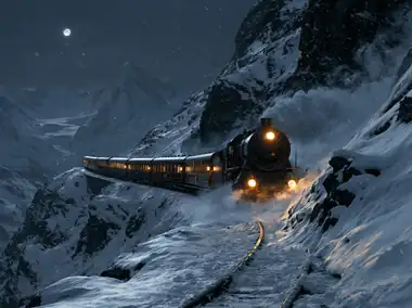 A steam train crossing a snowy pass