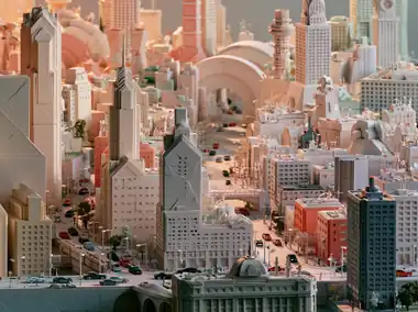 A paper-craft city in pastel tones