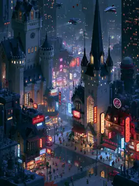 A 16-bit pixel-art city at night