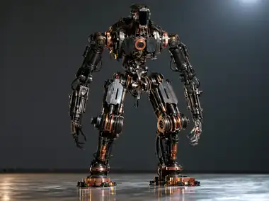 A metal sculpture of a mechanical figure