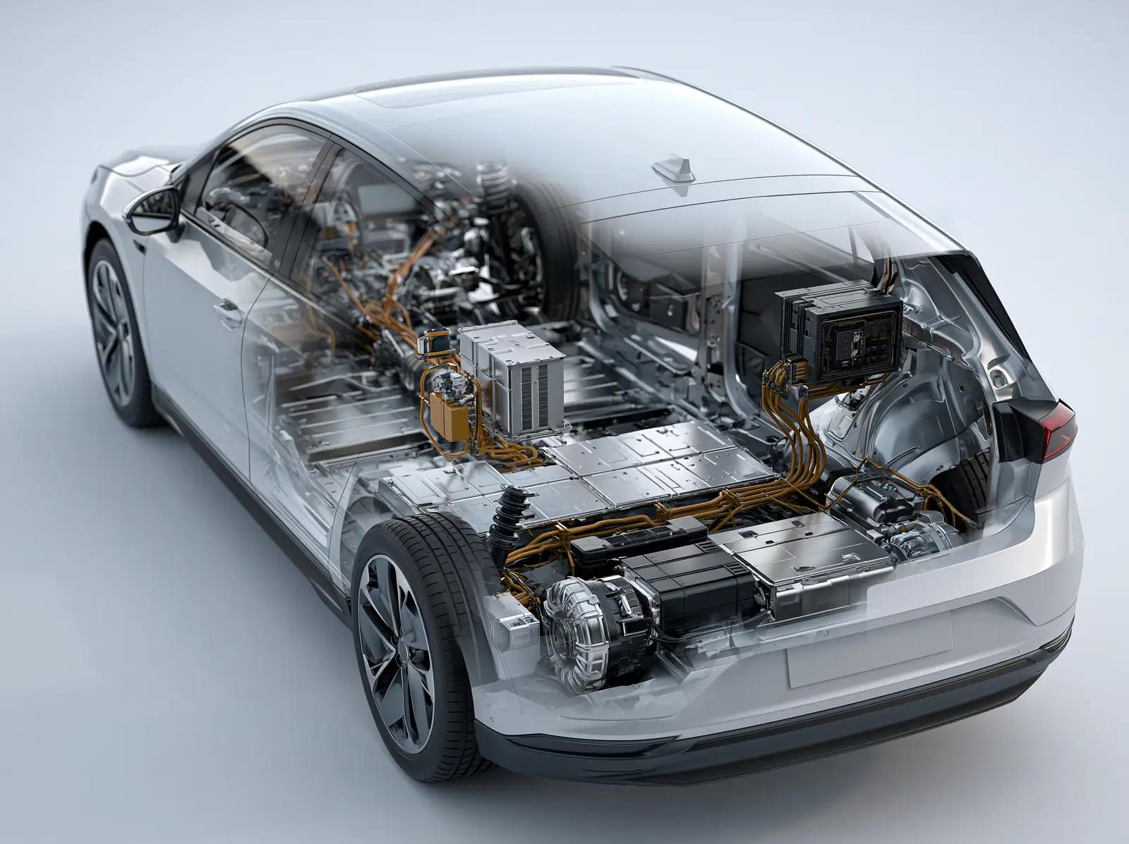A cutaway illustration of an electric car